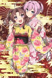 Rule 34 | 10s, 2girls, :d, ahoge, alternate costume, blue eyes, blush, brown hair, floral print, full body, hair intakes, hair ornament, hair ribbon, highres, holding hands, japanese clothes, kagerou (kancolle), kantai collection, kimono, long hair, long sleeves, looking at viewer, multiple girls, obi, open mouth, outline, pink hair, ponytail, purple eyes, ribbon, sandals, sash, shiranui (kancolle), short hair, smile, standing, standing on one leg, tabi, twintails, white legwear, white outline, wide sleeves, zinpati