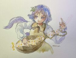 Rule 34 | dated, flower, frilled sleeves, frills, hair flower, hair ornament, highres, musical note, painting (medium), shiroma (mamiko), shirt, skirt, touhou, traditional media, treble clef, tsukumo benben, vest, watercolor (medium), white shirt, yellow skirt, yellow vest