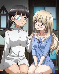 Rule 34 | 2girls, black hair, blonde hair, blush, breasts, brown eyes, eyepatch, glasses, large breasts, looking at another, multiple girls, non-web source, perrine h. clostermann, sakamoto mio, small breasts, smile, strike witches, world witches series, yellow eyes, yuri
