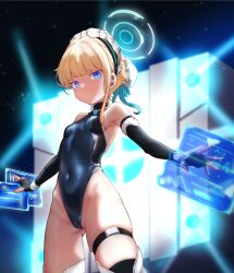 Rule 34 | 1girl, bare shoulders, black gloves, blonde hair, blue archive, blue eyes, blurry, bow, bowtie, breasts, commentary request, covered navel, dongchuan, earpiece, elbow gloves, fingerless gloves, gloves, gluteal fold, hair bun, halo, highleg, highleg leotard, holographic interface, leotard, looking at viewer, maid headdress, short hair, skindentation, small breasts, solo, stage lights, thighhighs, toki (blue archive)