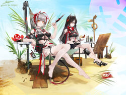 Rule 34 | 2girls, absurdres, antennae, arknights, arm rest, balancing on finger, barefoot, beach chair, bikini, black bikini, black footwear, black gloves, black hair, black horns, breaking, breasts, bridal gauntlets, cleavage, cleavage cutout, closed mouth, clothing cutout, clothing request, coconut, commentary request, controller, day, demon horns, demon tail, detonator, explosive, feet, food, fork, fruit, full body, gloves, grey hair, hair between eyes, hammock, highres, holding, holding food, holding fork, holding remote control, horns, hot dog, ines (arknights), knee pads, knife, large breasts, legs, lifebuoy, light frown, long hair, looking at viewer, menu, milktea wegan, multiple girls, navel, parted bangs, pinky out, plant, potted plant, red horns, remote control, sand, sandals, see-through, see-through shorts, shaded face, shell casing, short hair, shorts, sign, signature, signpost, single knee pad, sitting, smile, stomach, swim ring, swimsuit, symbol-shaped pupils, table, tail, thigh strap, toeless footwear, toenails, toes, twitter username, very long hair, w (arknights), watermelon, watermelon slice, winch, wire, wooden box, yellow eyes