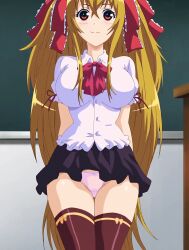 1girl anime_screenshot blonde_hair bows_in_hair breasts classroom dorei_usagi_to_anthony_the_animation eyes_reddish_brown_color full_body hair_bun hair_ornament hatsune_charlotte hetero high_stockings large_breasts long_hair looking_at_viewer panties pantyhose school_uniform serafuku she_is_excited shiny_skin stitched thighhighs third-party_edit twin_pigtails underwear white_thighhighs