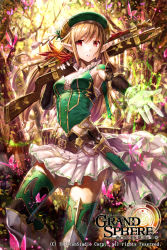 Rule 34 | 1girl, armor, armored boots, blonde hair, boots, breasts, collarbone, copyright name, detached sleeves, elf, floating hair, foreshortening, forest, gabiran, gloves, grand sphere, green hat, green thighhighs, gun, hair between eyes, hat, holding, holding gun, holding weapon, jewelry, long hair, looking at viewer, miniskirt, nature, necklace, parted lips, pleated skirt, pointy ears, red eyes, rifle, skirt, sleeveless, small breasts, solo, standing, thighhighs, tree, weapon, white gloves, white skirt