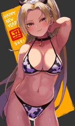 Rule 34 | 1girl, 2021, animal print, armpits, bell, neck bell, bikini, black collar, blonde hair, breasts, collar, commentary request, cow horns, cow print, hairband, happy new year, highres, horns, idolmaster, idolmaster cinderella girls, kiichirou, large breasts, long hair, looking at viewer, matsunaga ryo, navel, new year, ponytail, purple eyes, smile, solo, sweatdrop, swimsuit, thighs, white hairband