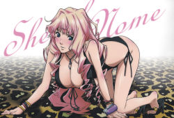 Rule 34 | 00s, 1girl, absurdres, all fours, bikini, black bikini, blue eyes, bracelet, breasts, cleavage, feet, front-tie top, hanging breasts, high heels, highres, huge breasts, jewelry, long hair, macross, macross frontier, necklace, official art, scan, sheryl nome, shoes, side-tie bikini bottom, solo, swimsuit, toes