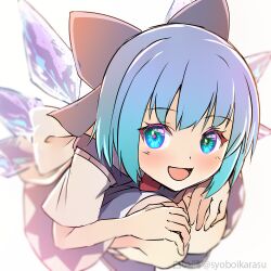 Rule 34 | 1girl, :d, artist name, blue bow, blue dress, blue hair, blurry, blurry background, blush, bow, cirno, depth of field, dress, from above, hair bow, ice, ice wings, knees, knees together feet apart, looking at viewer, open mouth, shiroi karasu, short hair, short sleeves, simple background, smile, squatting, touhou, watermark, white background, wings
