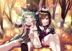 Rule 34 | 2girls, :d, ahoge, akashi (azur lane), akashi (welcome to azurcon!) (azur lane), animal ear fluff, animal ears, autumn leaves, azur lane, beret, black footwear, black sailor collar, bow, braid, brown dress, brown hair, brown headwear, camera, cat ears, closed mouth, commentary request, dress, eyes visible through hair, fang, glasses, green hair, hair between eyes, hair bow, hair over one eye, hat, highres, holding, holding camera, jacket, juliet sleeves, leaf, long hair, long sleeves, looking at viewer, maple leaf, mechuragi, multiple girls, on head, open clothes, open jacket, open mouth, plaid, plaid dress, puffy sleeves, rabbit ears, red bow, red eyes, round eyewear, sailor collar, sailor dress, scarf, shiranui (azur lane), shoe soles, shoes, sitting, sleeves past fingers, sleeves past wrists, smile, thighhighs, tilted headwear, tree, very long hair, white jacket, white scarf, white thighhighs, wide sleeves, yellow eyes
