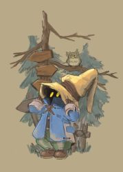 Rule 34 | 1boy, adjusting clothes, adjusting headwear, baggy pants, bird, black mage (final fantasy), blue coat, boots, brown background, brown footwear, brown gloves, coat, final fantasy, final fantasy ix, full body, gloves, hat, highres, holding, holding clothes, holding hat, looking up, male focus, outdoors, owl, pants, signpost, solo, soraoyogusakana, striped clothes, striped pants, tree, vivi ornitier, wizard hat, yellow eyes