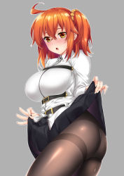 Rule 34 | 1girl, abe inori, ahoge, ass, belt, black pantyhose, black skirt, blush, breasts, clothes lift, fate/grand order, fate (series), fujimaru ritsuka (female), grey background, hair ornament, hair scrunchie, large breasts, lifting own clothes, looking at viewer, one side up, open mouth, orange eyes, orange hair, orange scrunchie, pantyhose, scrunchie, short hair, simple background, skirt, skirt lift, solo