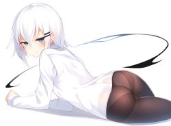 Rule 34 | 1girl, :t, arm support, ass, blob, blouse, blue eyes, blush, commentary, highres, looking at viewer, lying, on stomach, original, otokuyou, panties, panties under pantyhose, pantyhose, ringo-chan (otokuyou), shirt, short hair, simple background, solo, thighband pantyhose, underwear, white background, white panties, white shirt