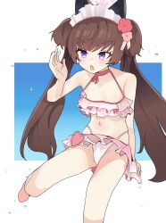 Rule 34 | 1girl, absurdres, bare arms, bare legs, bare shoulders, barefoot, bikini, blue archive, blush, breasts, brown hair, fang, foot out of frame, foreshortening, frilled bikini, frills, groin, halo, headdress, highres, long hair, official alternate costume, open mouth, pearlgang e, pink bikini, pink halo, purple eyes, shizuko (blue archive), shizuko (swimsuit) (blue archive), skin fang, small breasts, solo, swimsuit, twintails