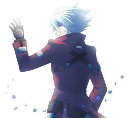 Rule 34 | 1boy, artist name, backlighting, black gloves, blazblue, blazblue: central fiction, coat, earrings, flower, from behind, gloves, green eyes, highres, jewelry, lolitaii, looking back, male focus, petals, profile, ragna the bloodedge, signature, smile, solo, spoilers, stud earrings, white hair
