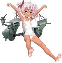 Rule 34 | 1girl, ahoge, armpits, arms up, bare arms, bare legs, bare shoulders, barefoot, bow, comandante cappellini (kancolle), dark-skinned female, dark skin, full body, green eyes, hair bow, i-503 (kancolle), jiji (aardvark), kantai collection, long hair, looking at viewer, multicolored hair, official art, one-piece swimsuit, pink hair, red bow, rigging, solo, streaked hair, swimsuit, tan, transparent background, twintails, white one-piece swimsuit