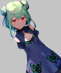 Rule 34 | 1girl, bare shoulders, basa rutan, blue bow, blue dress, blue hair, blue sleeves, blush, bow, closed mouth, commentary request, detached sleeves, double bun, dress, dutch angle, green hair, grey background, hair bow, hair bun, hair ornament, highres, hololive, juliet sleeves, long sleeves, looking at viewer, multicolored hair, puffy sleeves, red eyes, simple background, skull hair ornament, sleeveless, sleeveless dress, smile, solo, streaked hair, symbol in eye, uruha rushia, uruha rushia (1st costume), virtual youtuber