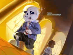Rule 34 | 1boy, 23 (23ciyuan), androgynous, blood, blood from mouth, chara (undertale), commentary request, dying, english text, fading, frisk (undertale), injury, ketchup, knife, monster boy, open mouth, sans (undertale), skeleton, slippers, spoilers, undertale