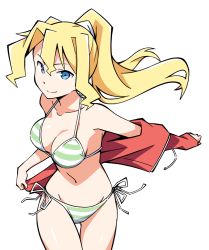 Rule 34 | 1girl, anbe masahiro, bikini, blonde hair, blue eyes, breasts, cindy campbell, cleavage, collarbone, commentary, cowboy shot, highres, jacket, jersey, long hair, looking at viewer, navel, ponytail, shinryaku! ikamusume, side-tie bikini bottom, smile, solo, striped bikini, striped clothes, swimsuit, thighs, track jacket, white background