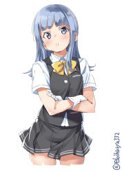 Rule 34 | 1girl, ascot, black skirt, black vest, blouse, blue hair, blush, bow, bowtie, closed mouth, ebifurya, gloves, hatsukaze (kancolle), highres, kantai collection, looking at viewer, miniskirt, shirt, simple background, skirt, solo, vest, white background, white gloves, white hair, white shirt, yellow bow