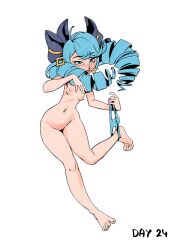 Rule 34 | + +, 1girl, barefoot, blue bow, blue eyes, blue hair, blue panties, blush, bow, breasts, cleft of venus, drill hair, earrings, english text, feet, female focus, groin, gwen (league of legends), hair bow, hands up, happy, highres, holding, holding clothes, holding panties, holding underwear, jewelry, knees together feet apart, league of legends, leg up, legs, long hair, looking at viewer, matching hair/eyes, navel, nipples, nose blush, nude, open mouth, panties, panties around ankles, panties around leg, panty pull, pussy, reddish fox, sidelocks, simple background, sketch, small breasts, smile, solo, standing, standing on one leg, stomach, swept bangs, thighs, twin drills, twintails, underwear, undressing, white background