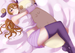 Rule 34 | 1girl, absurdres, animal costume, animal ears, animal hat, animal hood, arm warmers, artist name, artist request, bare legs, bare shoulders, bed, black gloves, black thighhighs, blue bow, blush, bow, breasts, brown hair, crescent moon symbol, curly hair, detached sleeves, embarrassed, exciting animal (love live!), female focus, frilled sleeves, frills, fur-trimmed shirt, fur trim, gloves, hair between eyes, hat, highres, holding, holding stuffed animal, hood, horns, indoors, jewelry, konoe kanata, long hair, looking at viewer, love live!, love live! nijigasaki high school idol club, love live! school idol festival, love live! school idol festival all stars, medium breasts, no shoes, on bed, one eye closed, parted lips, pink shirt, pink shorts, purple eyes, purple thighhighs, sheep costume, sheep ears, sheep hood, sheep horns, sheep tail, shirt, shorts, sleeveless, sleeveless shirt, smile, solo, striped clothes, striped shorts, stuffed animal, stuffed toy, tail, thighhighs