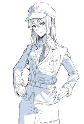 Rule 34 | 1girl, bang dream!, belt, closed mouth, collared shirt, commentary request, cowboy shot, hair between eyes, hair ornament, hairclip, hands on own hips, hat, lineart, long sleeves, looking at viewer, medium hair, military hat, military uniform, monochrome, necktie, okusawa misaki, sen&#039;yuu yuuji, shirt, sidelocks, simple background, solo, uniform, white background