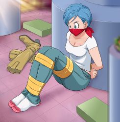 Rule 34 | 1girl, absurdres, angry, arms behind back, bandana, bandana over mouth, bdsm, blue eyes, blue hair, bondage, boots, bound, bound ankles, bound legs, bound wrists, breasts, bulma, cleavage, cloth gag, denim, dragon ball, dragon ball super, earrings, female focus, gag, gagged, highres, improvised gag, jeans, jewelry, lost one zero, matching hair/eyes, mature female, over the nose gag, pants, shirt, shoes, unworn shoes, short hair, socks, tape, tape bondage, white shirt