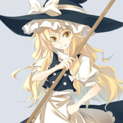 Rule 34 | 1girl, bad id, bad pixiv id, blonde hair, bow, broom, female focus, grin, hair bow, hand on own hip, hat, hat ribbon, hip focus, kirisame marisa, long hair, matsuyama nozomu, ribbon, simple background, skirt, smile, solo, touhou, witch, witch hat, yellow eyes