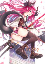 Rule 34 | 10s, alternate costume, asymmetrical horns, bad id, bad pixiv id, black thighhighs, blue eyes, covering ass, covering privates, curled horns, detached sleeves, dragon girl, dragon horns, dragon tail, elizabeth bathory (fate), elizabeth bathory (fate/extra ccc), fate/extra, fate/extra ccc, fate (series), highres, holding, holding polearm, holding spear, holding weapon, horns, japanese clothes, long hair, nail polish, panties, pink hair, pink nails, pointy ears, polearm, sandals, solo, spear, tail, thighhighs, underwear, uneven horns, weapon, white panties, wide sleeves, zhi yu (siro800102)