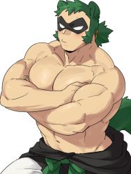 Rule 34 | 1boy, abs, animal ears, bara, blush, check copyright, copyright request, crossed arms, green hair, green tail, hair ears, large pectorals, long sideburns, male focus, muscular, muscular male, navel, navel hair, original, pectoral press, pectorals, pout, raccoon boy, raccoon ears, raccoon tail, ryanpei, short hair, sideburns, solo, stomach, sweatdrop, tail, topless male