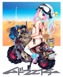 Rule 34 | 1girl, ass, backpack, bag, bikini, black bikini, blue bag, blue hair, blue sky, blush, commentary request, desert, flat chest, full body, gloves, goggles, goggles on head, highres, long hair, looking at viewer, looking back, micro bikini, motor vehicle, motorcycle, mudou eichi, multicolored hair, on motorcycle, open mouth, original, pink eyes, pink hair, randoseru, shoes, side-tie bikini bottom, sky, sneakers, solo, striped bikini, striped clothes, swimsuit, tag, thighhighs, twintails, two-tone hair, white thighhighs