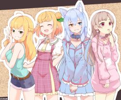 Rule 34 | 4girls, :d, ahoge, animal collar, animal ear fluff, animal ears, asagi shiki, bare arms, bare shoulders, belt, blonde hair, blue collar, blue hair, blue jacket, bow, braid, breast hold, breasts, brown belt, brown hair, buckle, buttons, camisole, choker, closed eyes, collar, cowboy shot, crown braid, denim, denim shorts, drawstring, earrings, finger to mouth, flower, frilled skirt, frills, green camisole, green eyes, green ribbon, grin, hair between eyes, hair bun, hair flower, hair ornament, hair ribbon, highres, hood, hoodie, indie virtual youtuber, jacket, jewelry, light blue hair, long hair, long sleeves, looking at viewer, medium breasts, miyadi (youtuber), mole, mole under eye, multiple girls, necktie, open mouth, own hands together, parted bangs, parted lips, pink bow, pink eyes, pink hoodie, pink jacket, pink ribbon, pink skirt, pom pom (clothes), pom pom earrings, ribbon, shintaku yume, shirosaki rio, short hair, short sleeves, shorts, sidelocks, single hair bun, skirt, small breasts, smile, standing, suspender skirt, suspenders, suzuka minase, teeth, thinking, upper teeth only, v, virtual youtuber, white choker, wolf ears, yellow bow, yellow eyes, yellow necktie