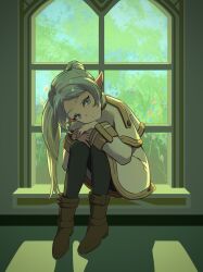 Rule 34 | 1girl, absurdres, black pantyhose, boots, brown footwear, capelet, commentary request, cxx9898998, dress, frieren, green eyes, green theme, highres, long hair, looking at viewer, pantyhose, parted bangs, pointy ears, sitting in window, solo, sousou no frieren, twintails, white capelet, white dress, white hair, window