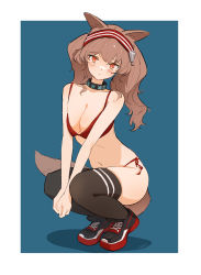 Rule 34 | 1girl, absurdres, alternate costume, angelina (arknights), animal ears, arknights, between legs, black footwear, black thighhighs, blue background, blush, border, bra, breasts, breasts squeezed together, brown hair, chinese commentary, cleavage, collar, collarbone, commentary request, dot mouth, fox ears, fox girl, fox tail, full body, ganjiang, hairband, hand between legs, highres, infection monitor (arknights), light blush, looking at viewer, medium breasts, multicolored footwear, navel, orange eyes, outside border, own hands together, panties, red bra, red footwear, red hairband, red panties, shadow, side-tie panties, simple background, skindentation, solo, squatting, striped clothes, striped hairband, tail, thighhighs, twintails, two-tone hairband, underwear, underwear only, white border, white footwear, white hairband