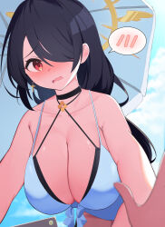 Rule 34 | 1girl, absurdres, bare arms, bare shoulders, beach umbrella, black choker, black hair, blue archive, blue sky, blush, breasts, choker, cleavage, cloud, cloudy sky, collarbone, commentary request, cross, cross earrings, day, ear blush, earrings, hair over one eye, halo, highres, hinata (blue archive), jewelry, large breasts, latin cross, long hair, nose blush, one-piece swimsuit, open mouth, outdoors, red eyes, roido (taniko-t-1218), sky, solo, spoken blush, swimsuit, umbrella, very long hair, wavy mouth, white one-piece swimsuit, white umbrella