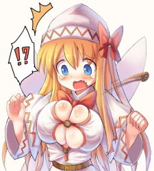 Rule 34 | !?, 1girl, ^^^, belt, blonde hair, blue eyes, blush, bow, breasts, bursting breasts, buttons, capelet, cleavage, female focus, hakkotsu shitai, hat, hat ribbon, large breasts, lily white, long hair, open mouth, popped button, ribbon, simple background, solo, straining buttons, surprised, sweat, tears, touhou, upper body, wardrobe malfunction, wavy mouth, wings
