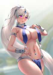 Rule 34 | 1girl, breast curtains, breasts, harem outfit, haryudanto, hypnosis, large breasts, mind control, nail polish, navel piercing, piercing, pink eyes, ponytail, revealing clothes, rwby, weiss schnee, white hair