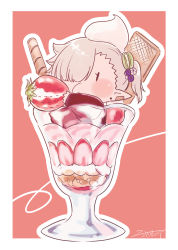 Rule 34 | 1girl, blush, brown background, brown jacket, chibi, ear piercing, food, food-themed hair ornament, fruit, hair ornament, highres, holding, holding food, in food, jacket, mini person, minigirl, nikki kyousuke, original, outline, parfait, piercing, pointy ears, signature, solo, strawberry, two-tone background, wafer stick, white background, white outline