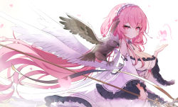 Rule 34 | 14c, 1girl, absurdres, azur lane, bird, breasts, cleavage, closed mouth, commentary, detached sleeves, hand up, highres, large breasts, long hair, looking at viewer, maid, maid headdress, owl, perseus (azur lane), petals, pink eyes, pink hair, simple background, solo, very long hair, white background, wings