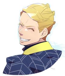 Rule 34 | 1boy, blonde hair, closed eyes, from behind, grin, hanaichi (hana13), jojo no kimyou na bouken, looking back, lowres, male focus, prosciutto, short hair, smile, solo, upper body