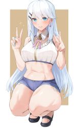 Rule 34 | 1girl, bare shoulders, blue eyes, blue nails, blush, border, brown background, commission, crop top, dangle earrings, double v, earrings, full body, hair ornament, hairclip, hand up, highres, jewelry, kataku musou, long hair, midriff, nail polish, navel, original, shoes, short shorts, shorts, skeb commission, solo, sparkle, squatting, stomach, thick thighs, thighs, v, white border, white hair