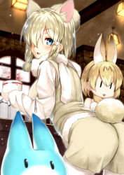 Rule 34 | &gt;:&gt;, 10s, 3girls, :&gt;, :d, alpaca ears, alpaca hair ornament, alpaca suri (kemono friends), alpaca tail, animal ears, ass, b-ginga, bar (place), bird wings, blonde hair, blue eyes, blurry, blush, bow, bowtie, breasts, brown shorts, ceiling light, cowboy shot, creature, cup, depth of field, from behind, fur-trimmed sleeves, fur collar, fur trim, hair bun, hair over one eye, hair tie, head wings, holding, holding cup, indoors, japanese crested ibis (kemono friends), kemono friends, large breasts, leaning forward, long sleeves, looking back, lucky beast (kemono friends), multiple girls, open mouth, pantyhose, pantyhose under shorts, serval (kemono friends), short hair, shorts, sidelocks, single hair bun, smile, solid oval eyes, solo focus, standing, tail, teacup, triangle mouth, white legwear, window, wings