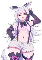 Rule 34 | 1girl, aardvark (kemono friends), animal ears, bare shoulders, black hair, bow, bowtie, breasts, elbow gloves, extra ears, fingerless gloves, from below, gloves, grey hair, hair ornament, highres, kemono friends, kemono friends 3, large breasts, long hair, looking at viewer, mamiyama, multicolored hair, navel, raised eyebrow, shirt, shorts, skirt, sleeveless, solo, suspenders, tail, two-tone hair, underboob