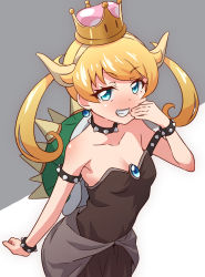 Rule 34 | 10s, 1girl, armlet, armpits, bare shoulders, blonde hair, blue eyes, blush, bowsette, bowsette (cosplay), bracelet, breasts, cleavage, collar, cosplay, covering own mouth, crown, earrings, grin, hairband, hand to mouth, highres, horns, jewelry, kiratto pri chan, light blush, long hair, looking at viewer, mario (series), moegi emo, multicolored background, new super mario bros. u deluxe, nintendo, no bra, parted lips, pretty series, shell, simple background, small breasts, smile, smug, solo, spiked armlet, spiked bracelet, spiked collar, spiked shell, spikes, standing, strapless, super crown, teeth, tokomaya keita, twintails