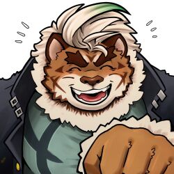 Rule 34 | 1boy, ^ ^, animal ears, animal nose, bara, brown fur, closed eyes, commentary request, fangs, furry, furry male, gakuran, gradient hair, green hair, green shirt, hand up, happy aura, highres, hombre tigre (housamo), huge eyebrows, light brown hair, male focus, multicolored hair, neck fur, open mouth, school uniform, shirt, short hair, simple background, smile, solo, tanaka no azumi, tiger boy, tiger ears, tokyo houkago summoners, upper body, white background