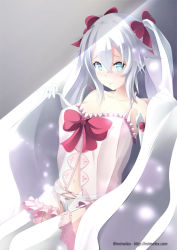 Rule 34 | 10s, 1girl, bare shoulders, black heart (neptunia), blue eyes, blush, bow, bow panties, breasts, cleavage, elbow gloves, garter belt, gloves, lace, lingerie, long hair, looking at viewer, mimelex, navel, neptune (series), noire (neptunia), open mouth, panties, sleepwear, solo, symbol-shaped pupils, twintails, underwear, underwear only, very long hair, white hair, white panties