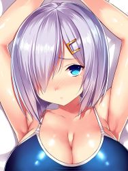 Rule 34 | 10s, 1girl, armpits, arms up, blue eyes, blue one-piece swimsuit, blush, breasts, cleavage, collarbone, dakimakura (medium), hair ornament, hair over one eye, hairclip, hamakaze (kancolle), kantai collection, large breasts, looking at viewer, one-piece swimsuit, school swimsuit, short hair, silver hair, solo, swimsuit, tsukumiya amane
