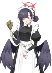 Rule 34 | 1girl, alternate costume, apron, bagjeomlye88315, black dress, black hair, black wings, blue archive, blush, closed eyes, dress, duster, enmaided, feathered wings, hair ornament, hairclip, halo, highres, holding, holding duster, ichika (blue archive), juliet sleeves, long hair, long sleeves, maid, maid apron, maid headdress, open mouth, puffy sleeves, red halo, simple background, solo, white apron, white background, wings