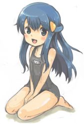 Rule 34 | 1girl, :d, aged down, bare shoulders, barefoot, between thighs, black one-piece swimsuit, blue hair, blush, creatures (company), dawn (pokemon), embarrassed, full body, game freak, green eyes, hair ornament, hairclip, half updo, long hair, nintendo, no headwear, one-piece swimsuit, open mouth, pokemon, roamo, school swimsuit, seiza, simple background, sitting, smile, solo, swimsuit, thighs, v arms, wet, white background