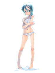 Rule 34 | 1girl, blue eyes, blue hair, camisole, matching hair/eyes, navel, panties, simple background, solo, underwear, underwear only, weno, wet, wet clothes
