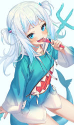 Rule 34 | 1girl, blue hair, blue jacket, blue nails, commentary request, fingernails, fins, fish tail, fork, gawr gura, gawr gura (1st costume), hachinatsu, highres, holding, holding fork, hololive, hololive english, jacket, looking at viewer, medium hair, multicolored hair, nail polish, open mouth, polearm, shark tail, sharp teeth, smile, solo, tail, teeth, thighs, trident, two-tone hair, upper teeth only, virtual youtuber, weapon, white hair