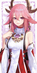 Rule 34 | 1girl, absurdres, animal ears, bare shoulders, breasts, closed mouth, commentary, dated commentary, detached sleeves, dress, earrings, flower, fox ears, genshin impact, hand up, highres, horns, jewelry, large breasts, long hair, looking at viewer, mac star, pink eyes, pink hair, purple flower, sideboob, sleeveless, sleeveless dress, smile, solo, upper body, white background, white dress, white sleeves, yae miko